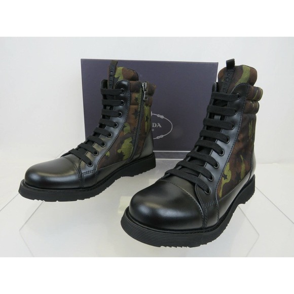 NIB PRADA 0T0782 CAMOUFLAGE GREEN LEATHER CAP TOE LACE UP COMBAT BOOTS 37 US 7 - Picture 3 of 12